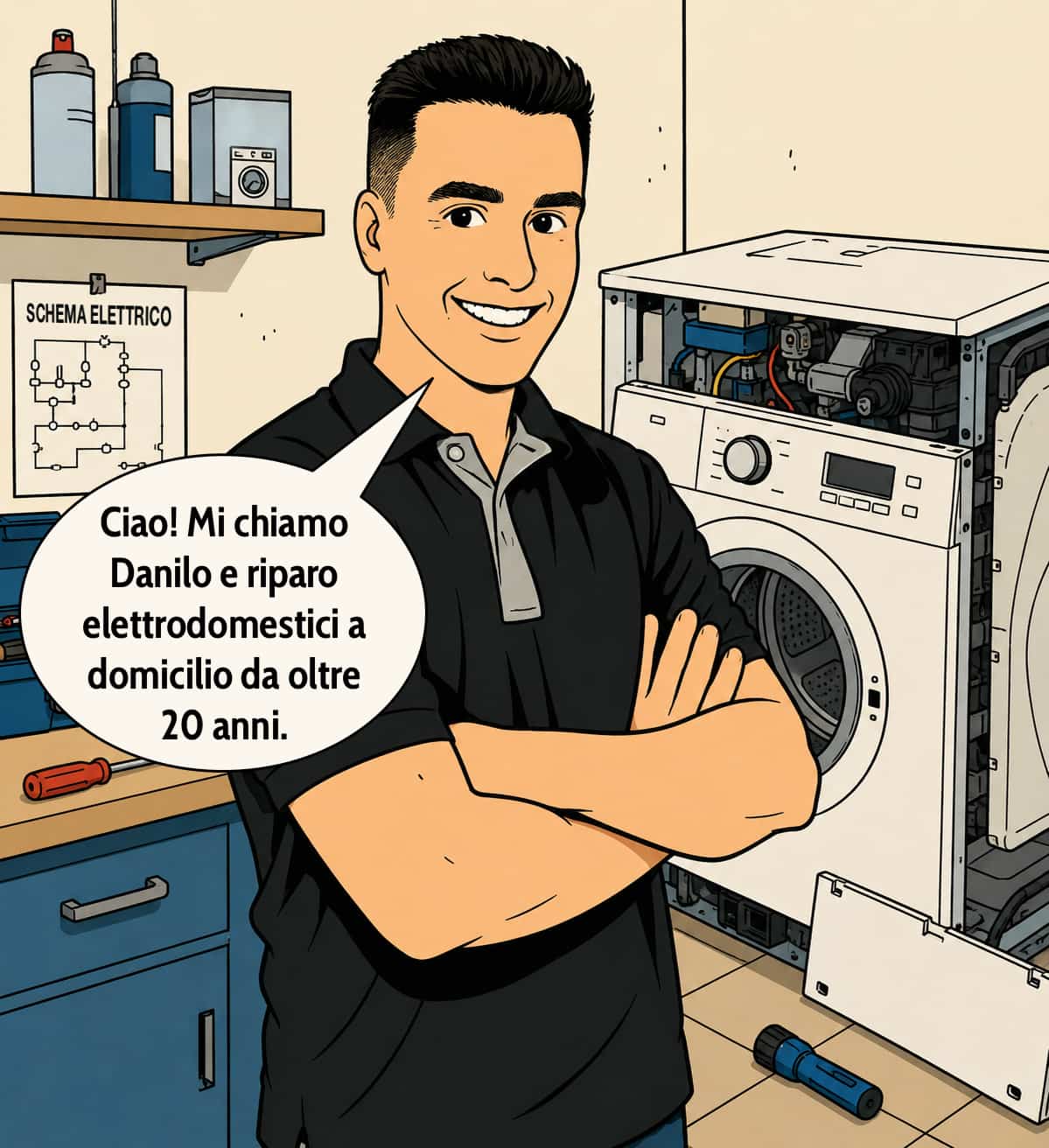 illustrazione di Danilo che dice 'Ciao! Mi chiamo Danilo e riparo elettrodomestici a domicilio da oltre 20 anni.'